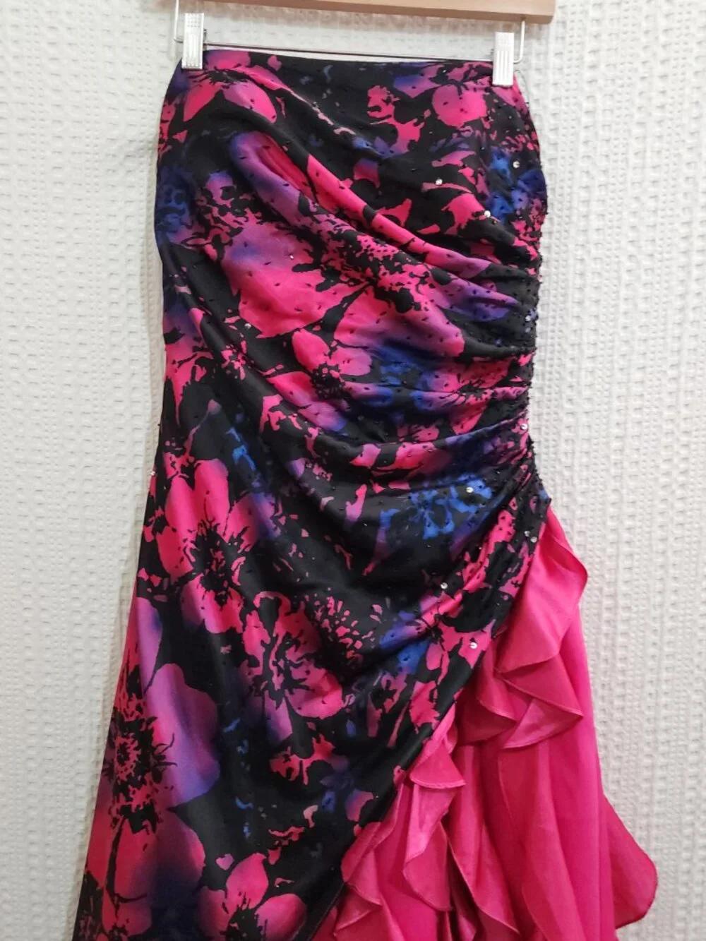 Y2K Strapless Ruffle Prom Dress Floral Black Pink Lizzie McGuire Vibe Size 13/14 - Picture 5 of 15
